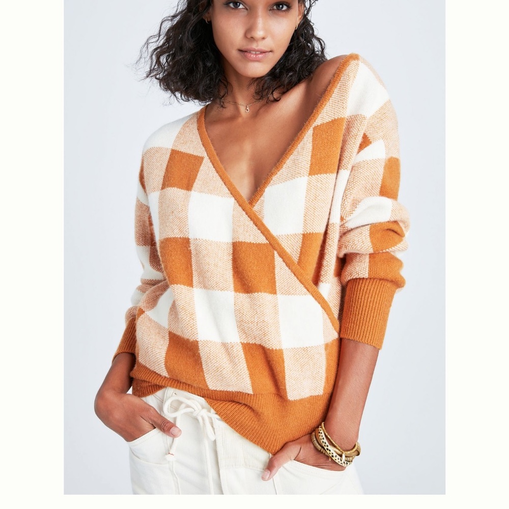 Anthropologie Callahan Agnes Surplice Sweater Orange & Cream Gingham Check Small